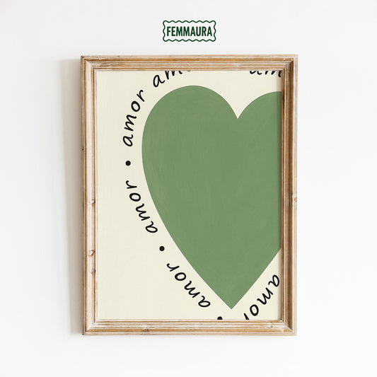 Amor Heart Poster – Minimalist Love Art | Retro Wall Art With Green Heart