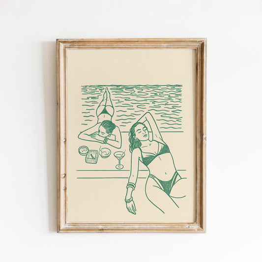 Sunbathing Women Poster – Minimal Green Line Summer Art Print