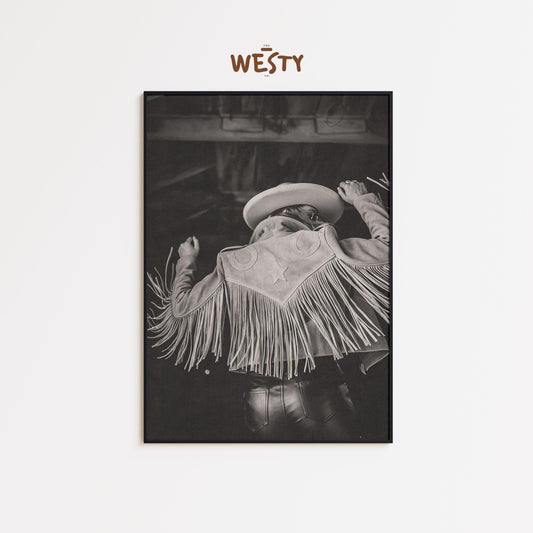 Western Fringe Star Jacket Poster – Monochrome Cowgirl Wall Art for Bold Rustic Interiors