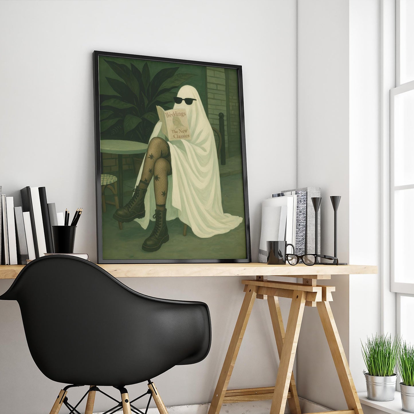 Gothic Ghost Wall Art – Whimsical Ghost Decor Reading Magazine Print