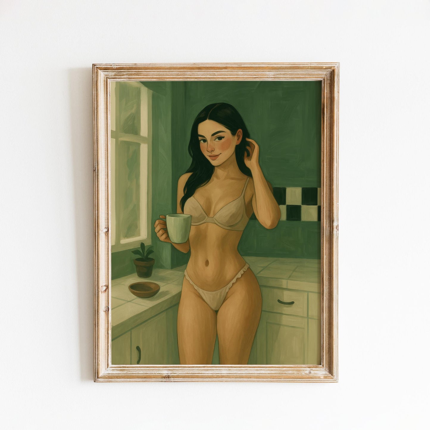 Morning Coffee Girl Poster – Feminine Wall Art | Boudoir Style Print in Soft Green Tones