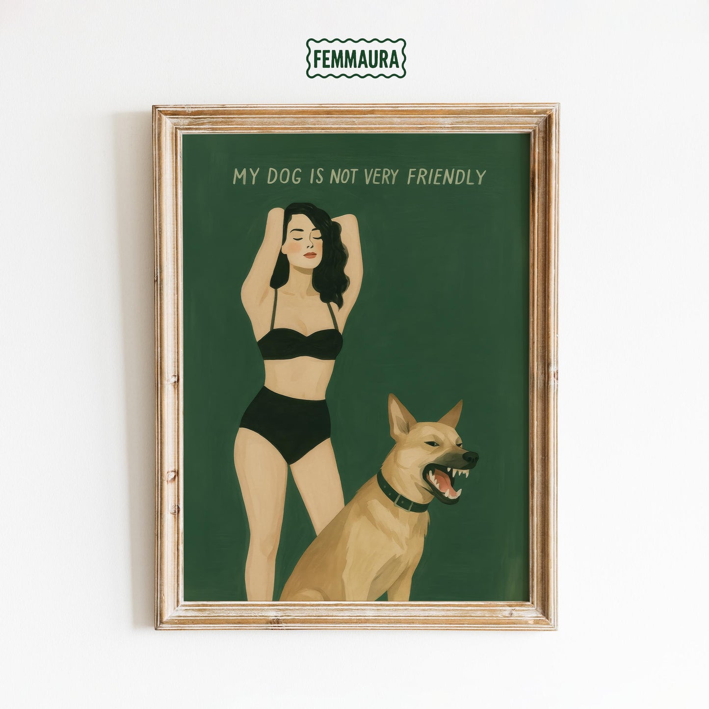 Dog Art Print – Bold Retro Woman & Protective Dog Illustration | Green Wall Decor