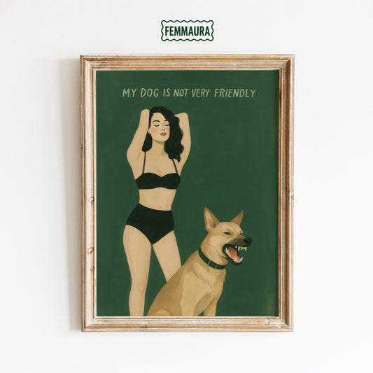 Dog Art Print – Bold Retro Woman & Protective Dog Illustration | Green Wall Decor