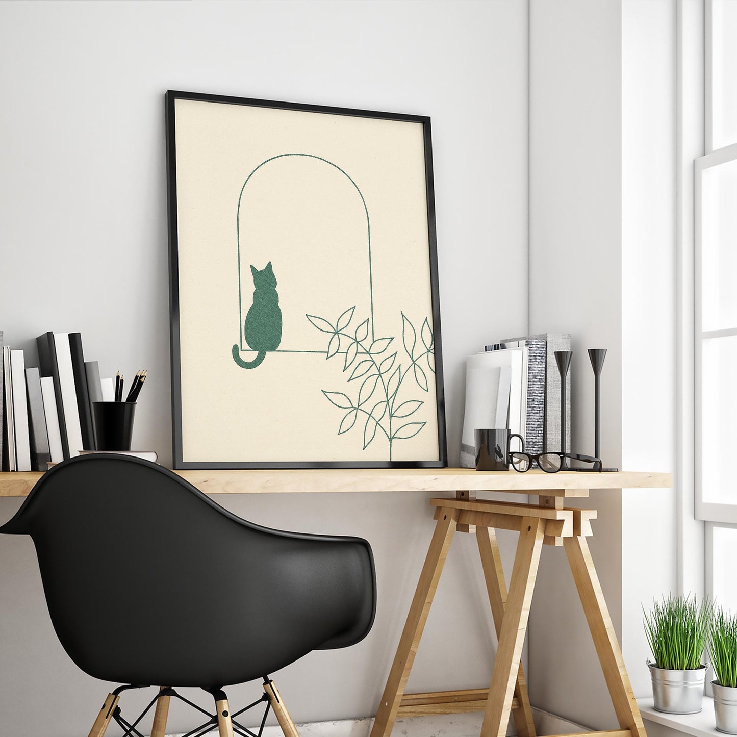 Arch Window Cat – Minimal Line Art Poster, Calm Scandinavian Wall Print