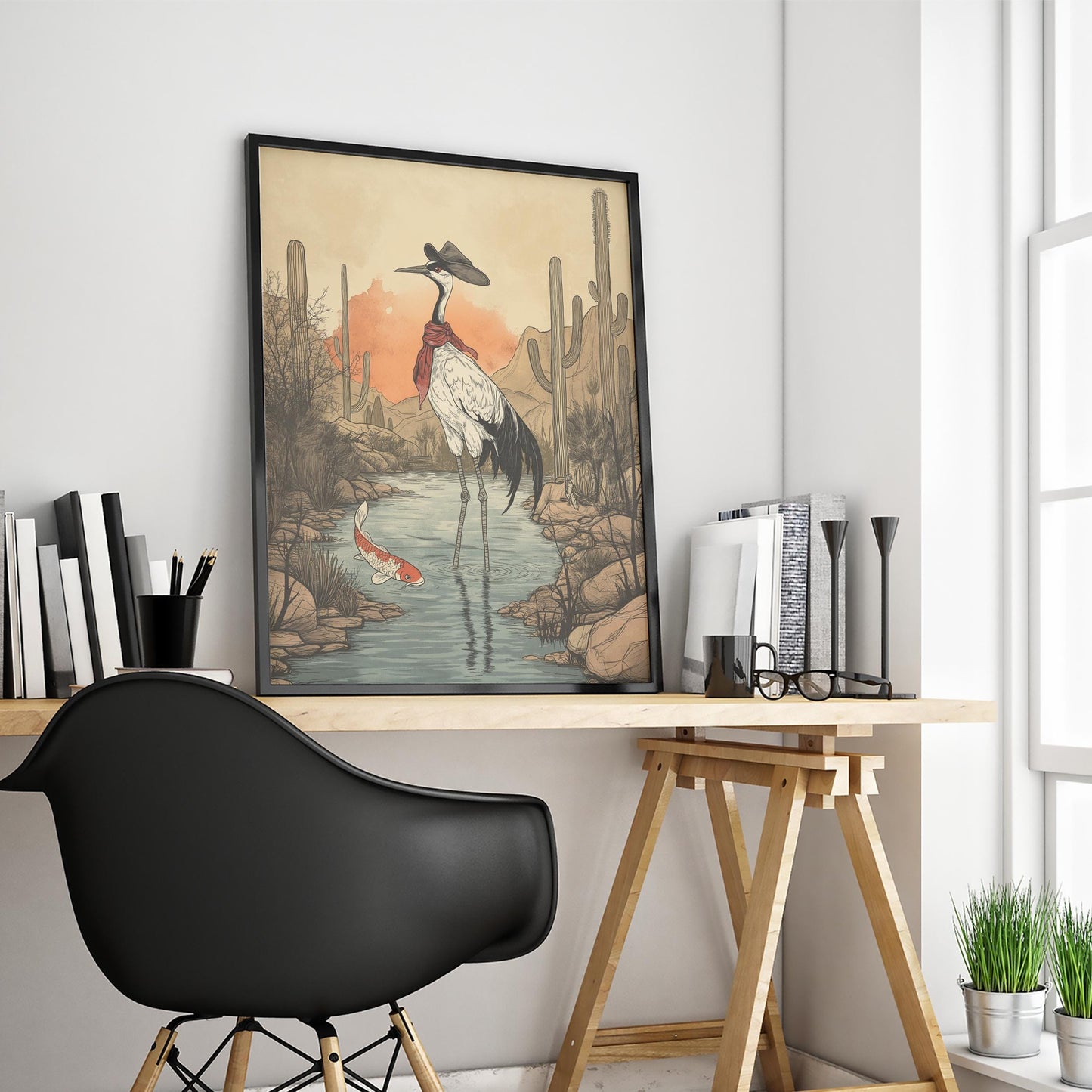 Cowboy Crane Poster – East-West Surreal Bird Art in Desert Oasis