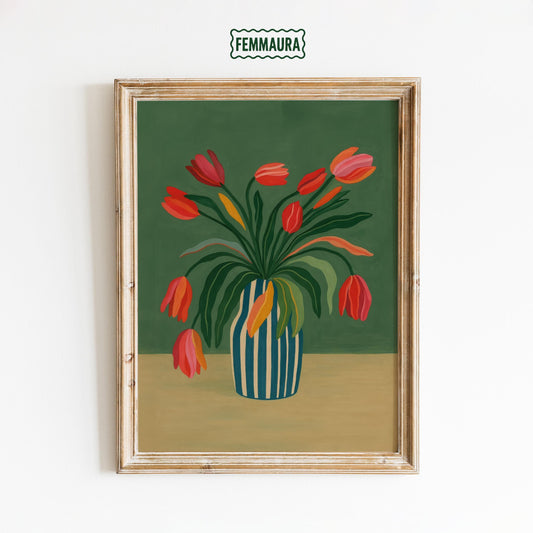 Tulip Wall Art – Colorful Vintage Print with Striped Vase Tulips Bouquet