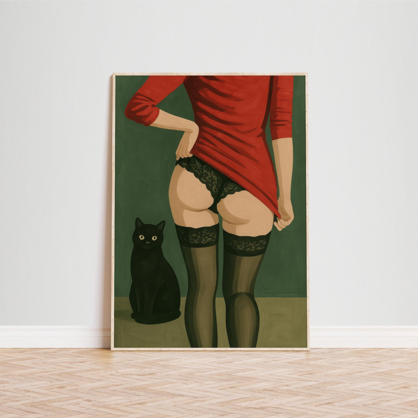 Black Cat Art Print – Retro Lingerie Illustration | Boudoir Wall Decor