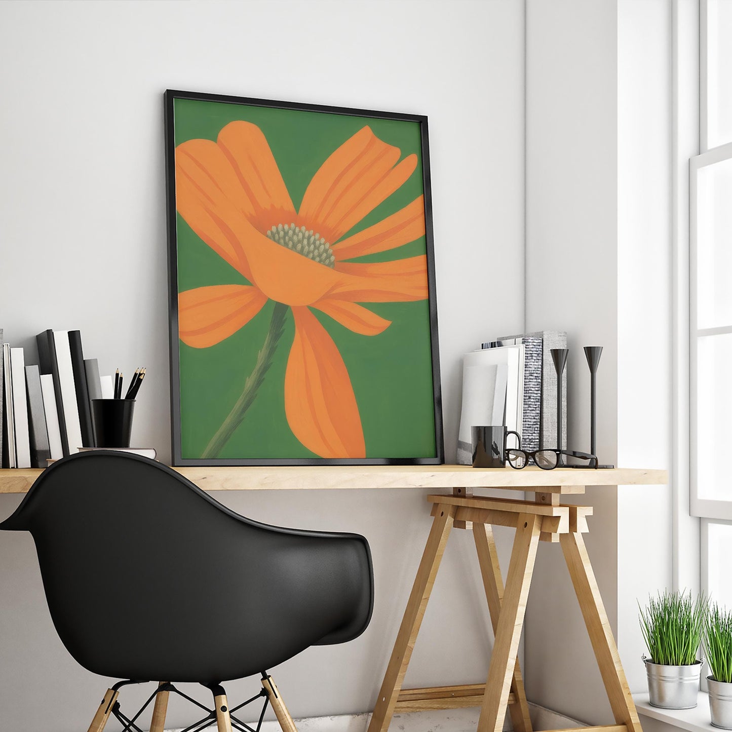 Orange Daisy Wall Art – Minimalist Floral Print | Vivid Orange Petals & Green Background