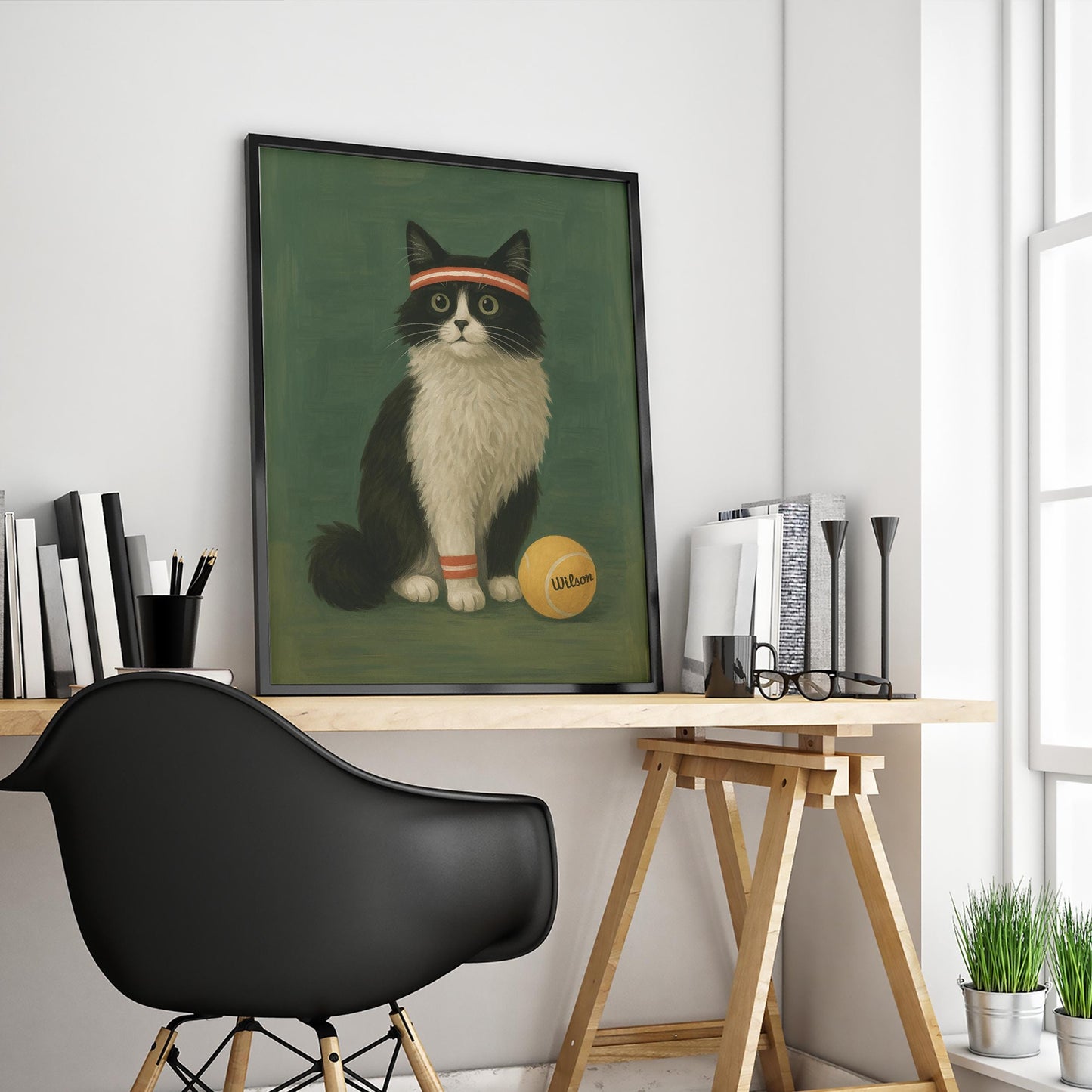 Tennis Cat Poster – Playful Gouache Cat Illustration | Vintage Sports Wall Art