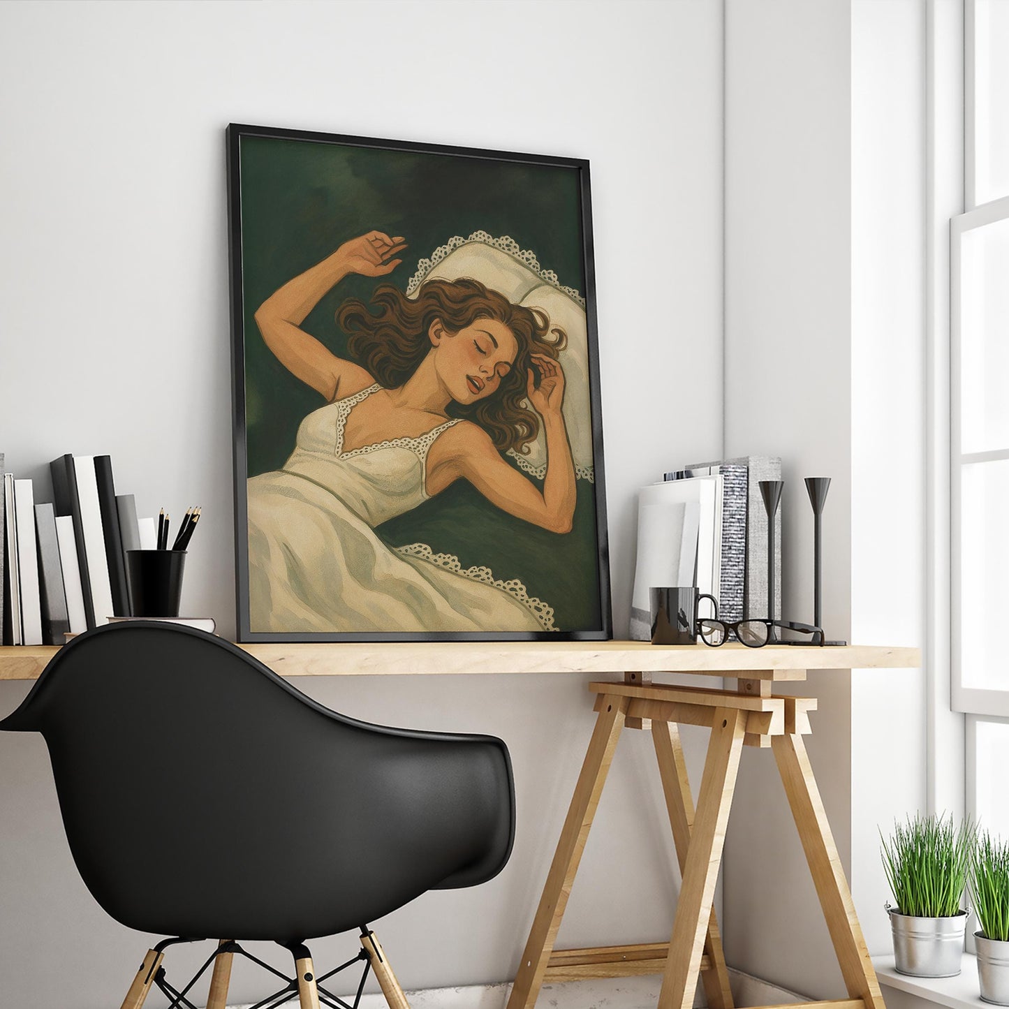 Feminine Sleep Art Print – Restful Bedroom Art in Calming Green Tones