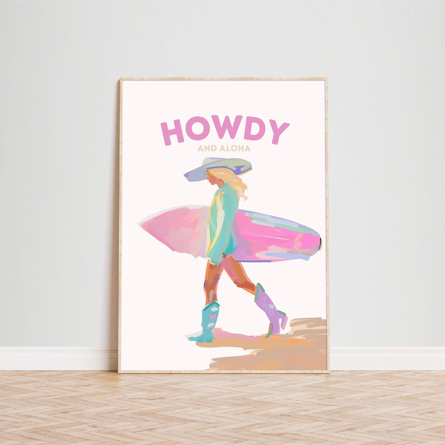Howdy and Aloha Poster – Western Surfer Girl Pastel Wall Art