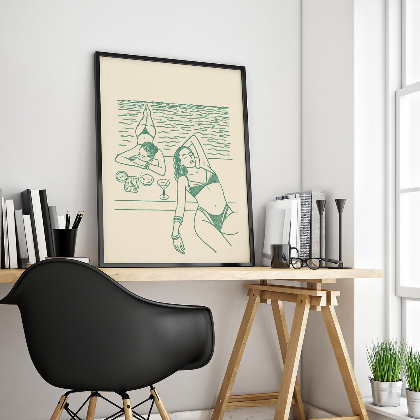 Sunbathing Women Poster – Minimal Green Line Summer Art Print