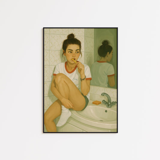 Aesthetic Wall Art – Morning Routine Art | Minimalist Girl Print for Bedroom & Bathroom