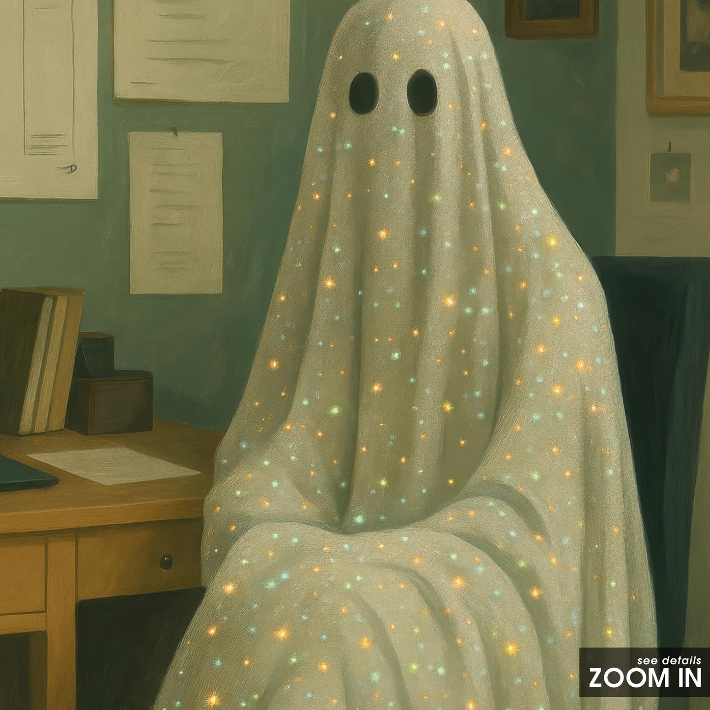 Quirky Gothic Wall Art – Surreal Ghost Print With Office Chair Decor