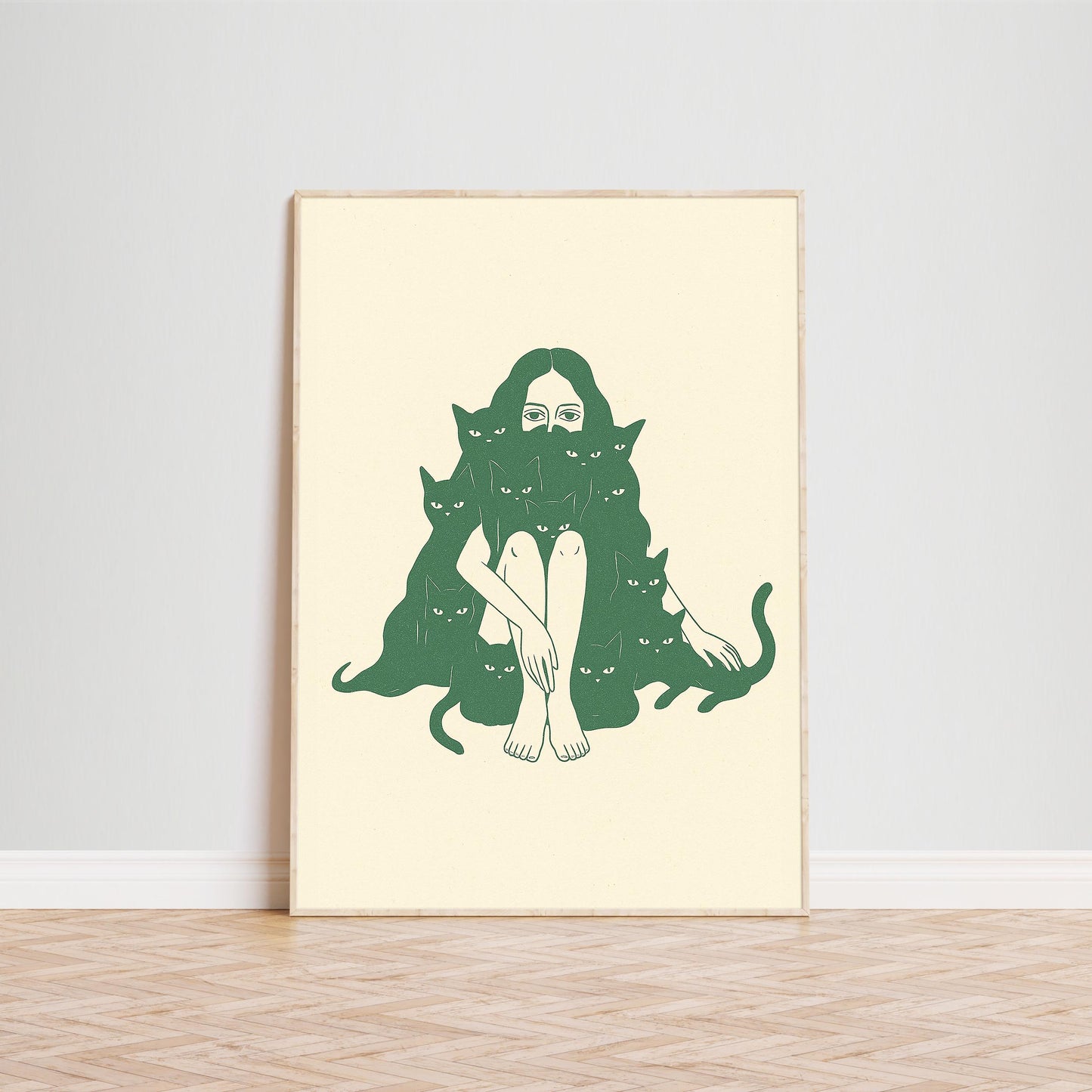 Woman with Cats Poster – Minimal Surreal Line Art Print, Femmaura Bold Series