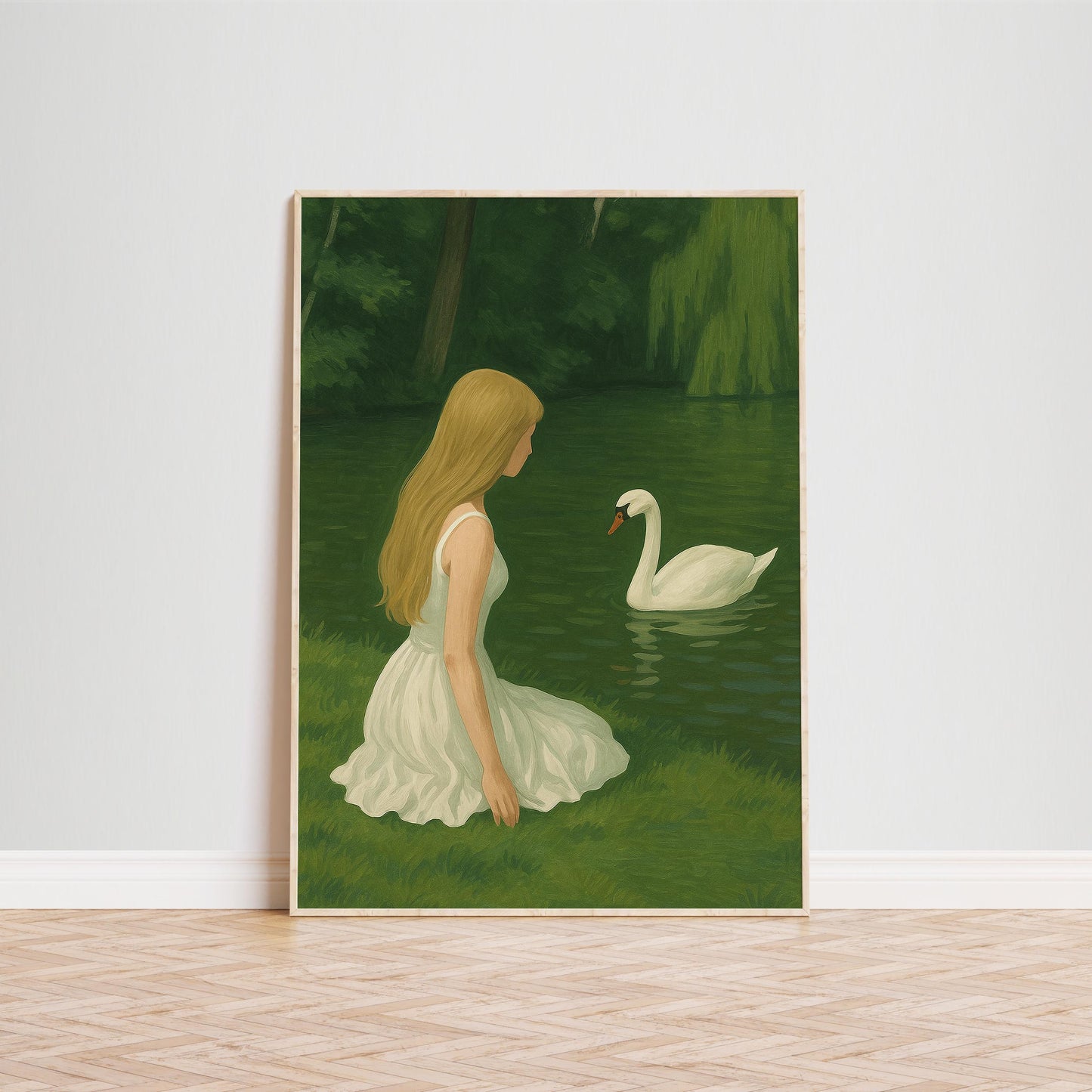 Girl Swan Poster – Dreamy Green Poster | Elegant Nature Wall Art