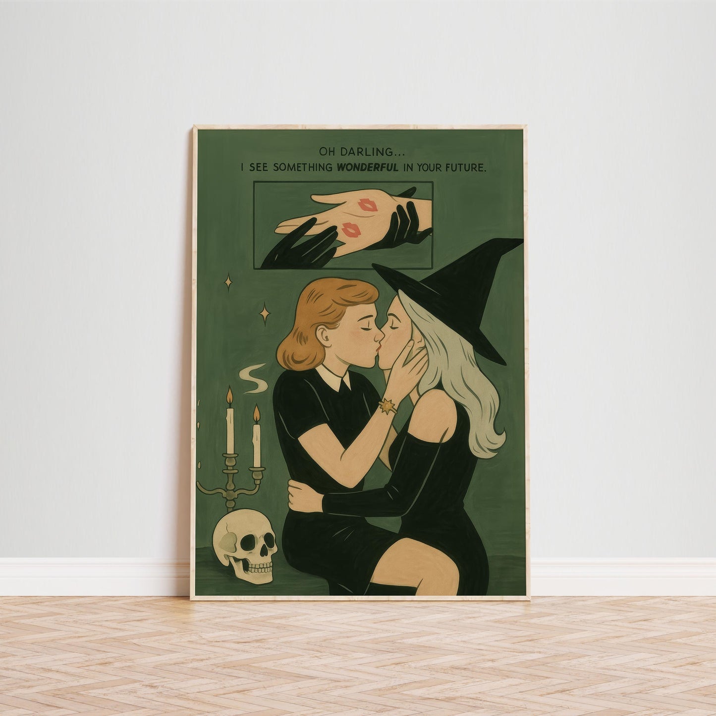 Witchy Lesbian Kiss Poster – Retro Comic Queer Love Wall Art with Occult Aesthetic