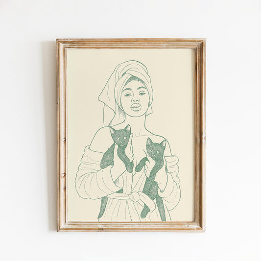 Woman with Black Cats Poster – Minimal Line Art Print, Femmaura Bold Series