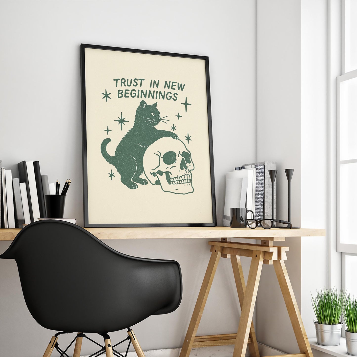 Trust in New Beginnings – Gothic Minimal Cat Poster, Witchy Spiritual Wall Art