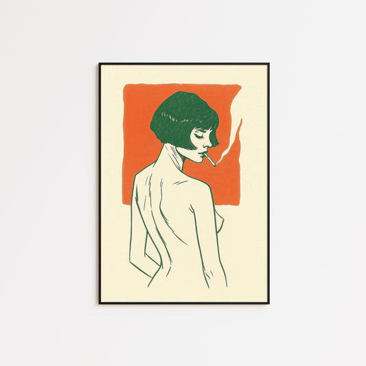 Bold Minimal Woman Poster – Retro French Line Art Print, Warm Orange Wall Decor