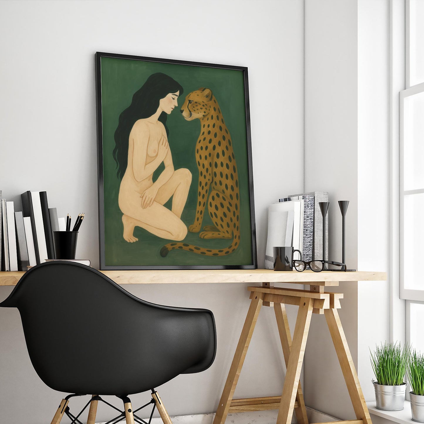 Leopard Wall Art – Wildlife Wall Art Featuring Woman and Leopard Print on Green Poster