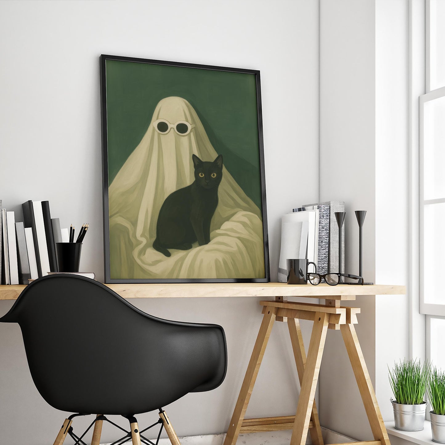 Black Cat Wall Art – Spooky Gothic Home Print With Quirky Ghost Design