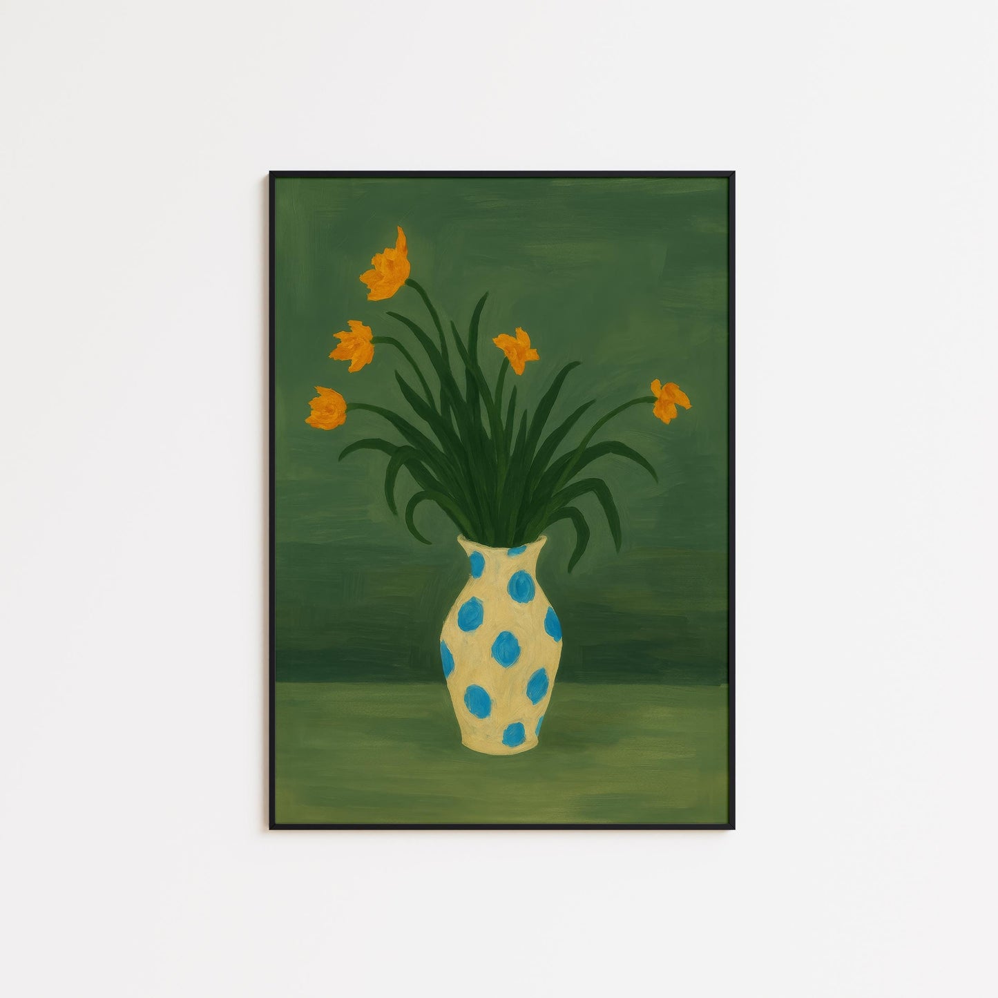Yellow Tulips Wall Art – Playful Floral Bouquet in Blue Dot Vase Print