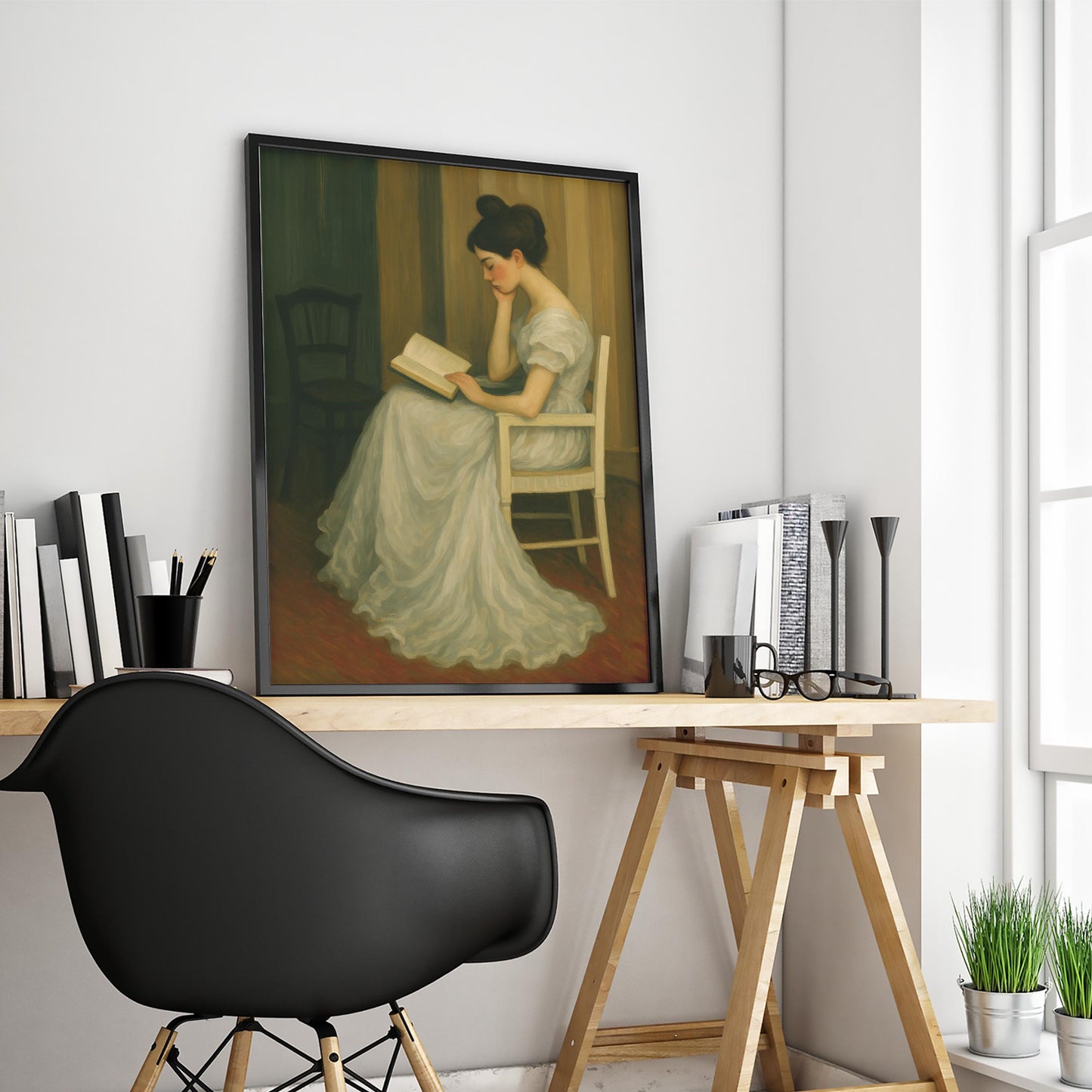 Vintage Reading Woman Poster – Dark Academia Art | Elegant Lady Print for Library Wall