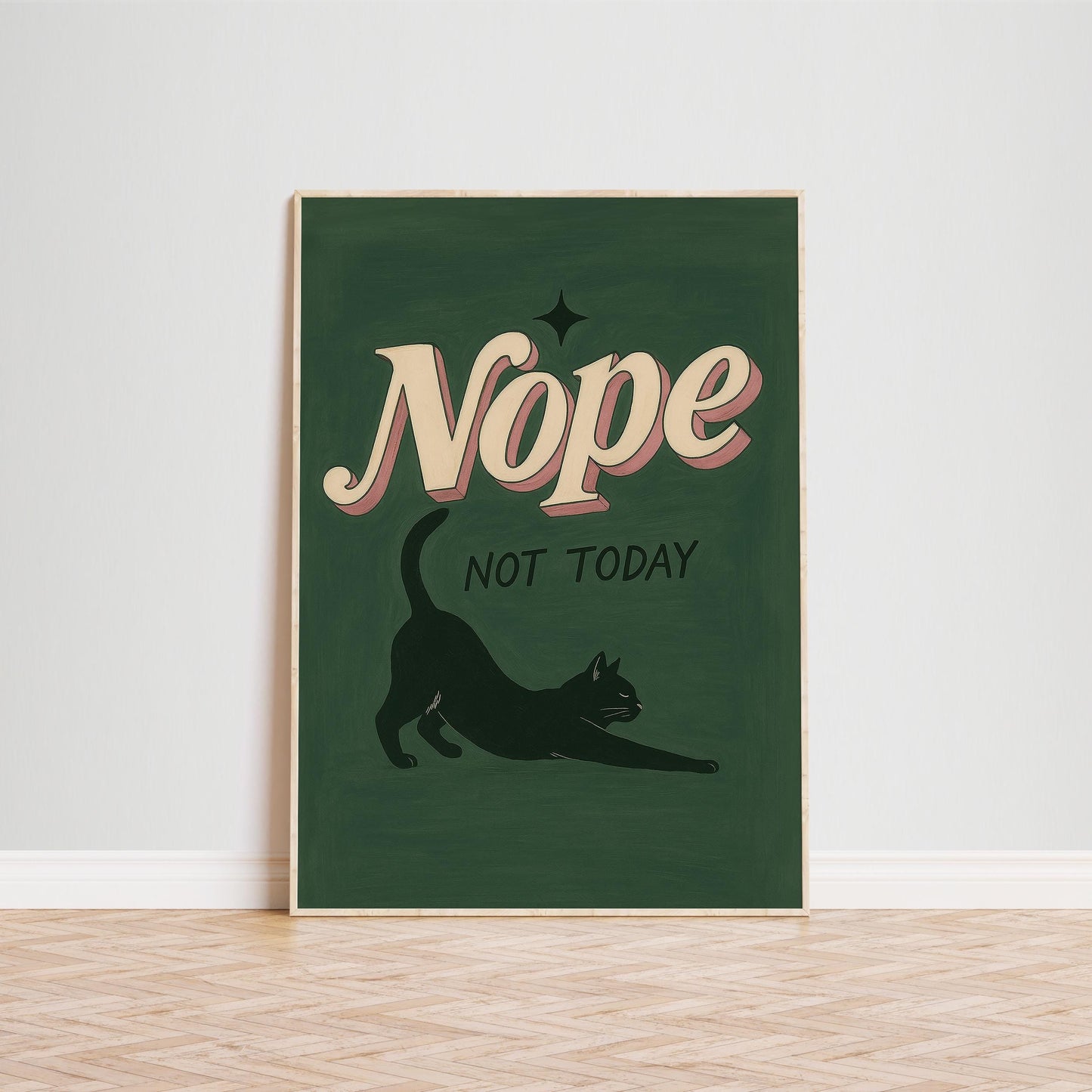 Lazy Cat Wall Art – Funny Cat Poster With Green Retro Print & Vintage Typography