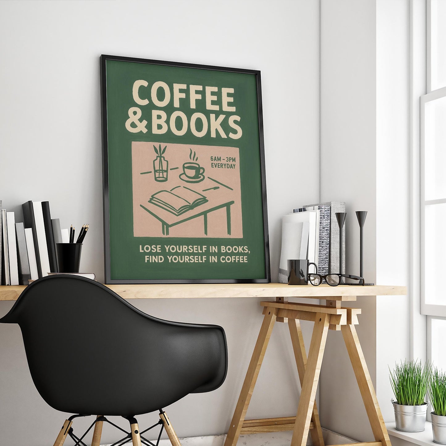 Coffee Books Poster – Cozy Reading Art With Warm Green Library Wall Decor