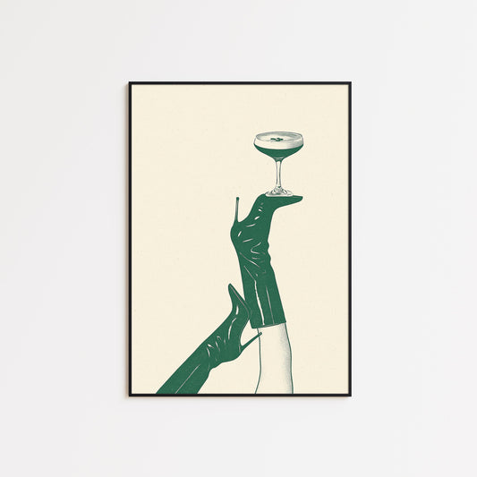 Champagne Balance Poster – Minimal Heels and Cocktail Line Art Print
