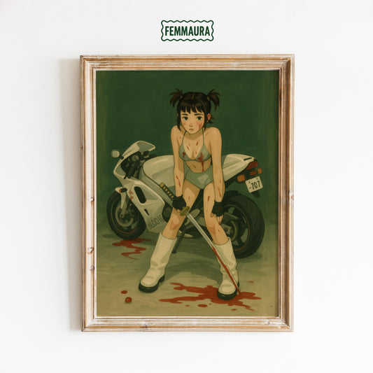 Anime Femme Poster – Biker Girl Art with Katana Sword Print | Sapphic Warrior Artwork