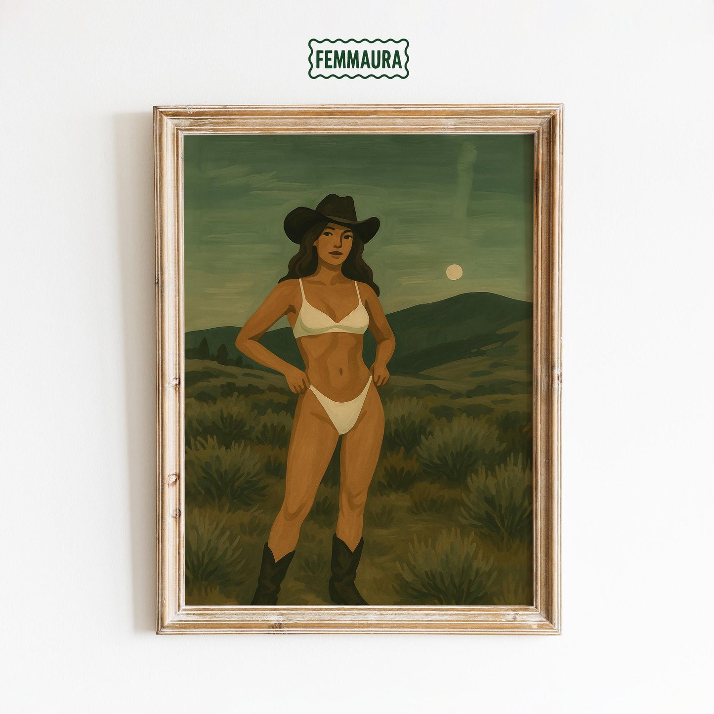 Cowgirl Desert Poster – Vintage Western Wall Art With Feminine Moonlit Design