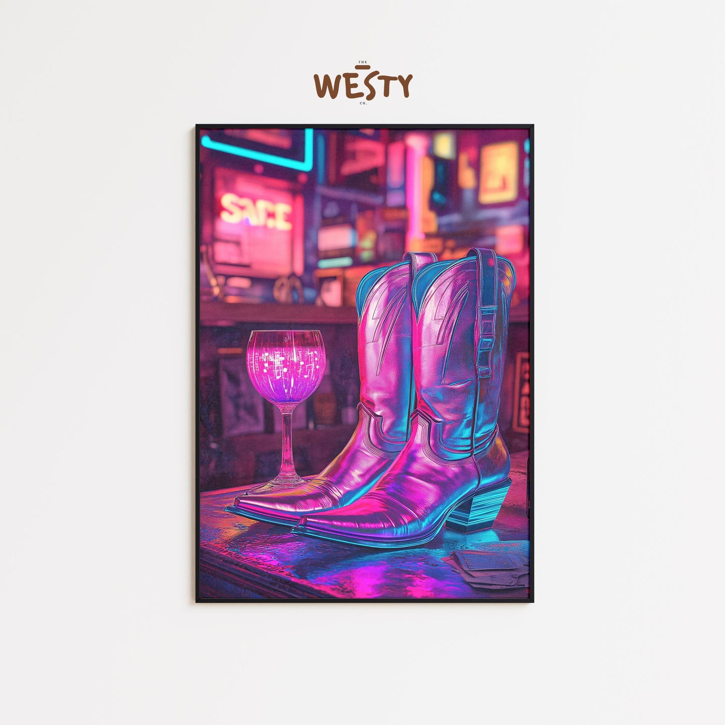 Neon Cowgirl Boots with Wine – Retro Western Nightlife Art
