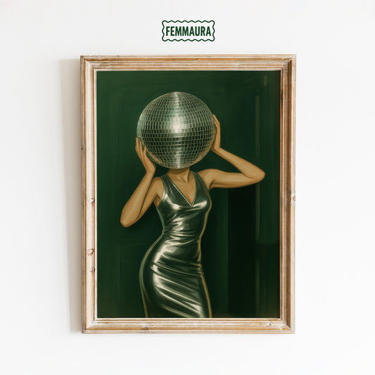 Disco Ball Poster – Retro Party Art with Metallic Dress & Green Background Print