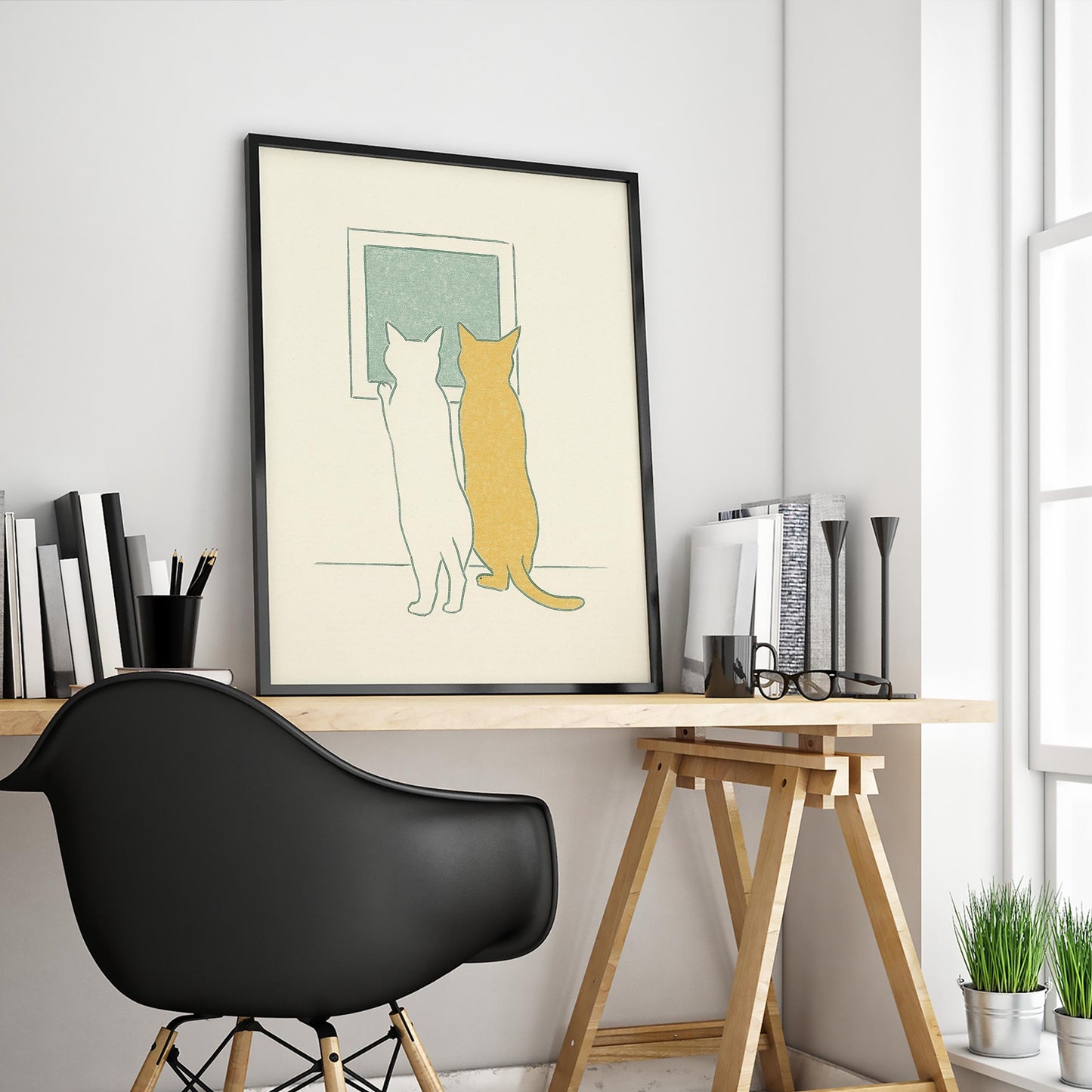 Companion Cats – Minimal Line Art Poster, Two Cats at Window Illustration