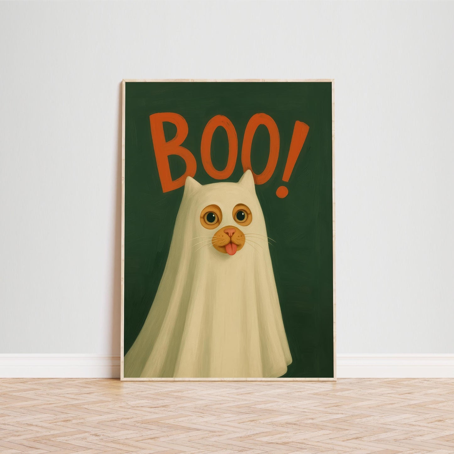 Ghost Cat Poster – Funny Halloween Wall Art | Playful Boo Cat Illustration