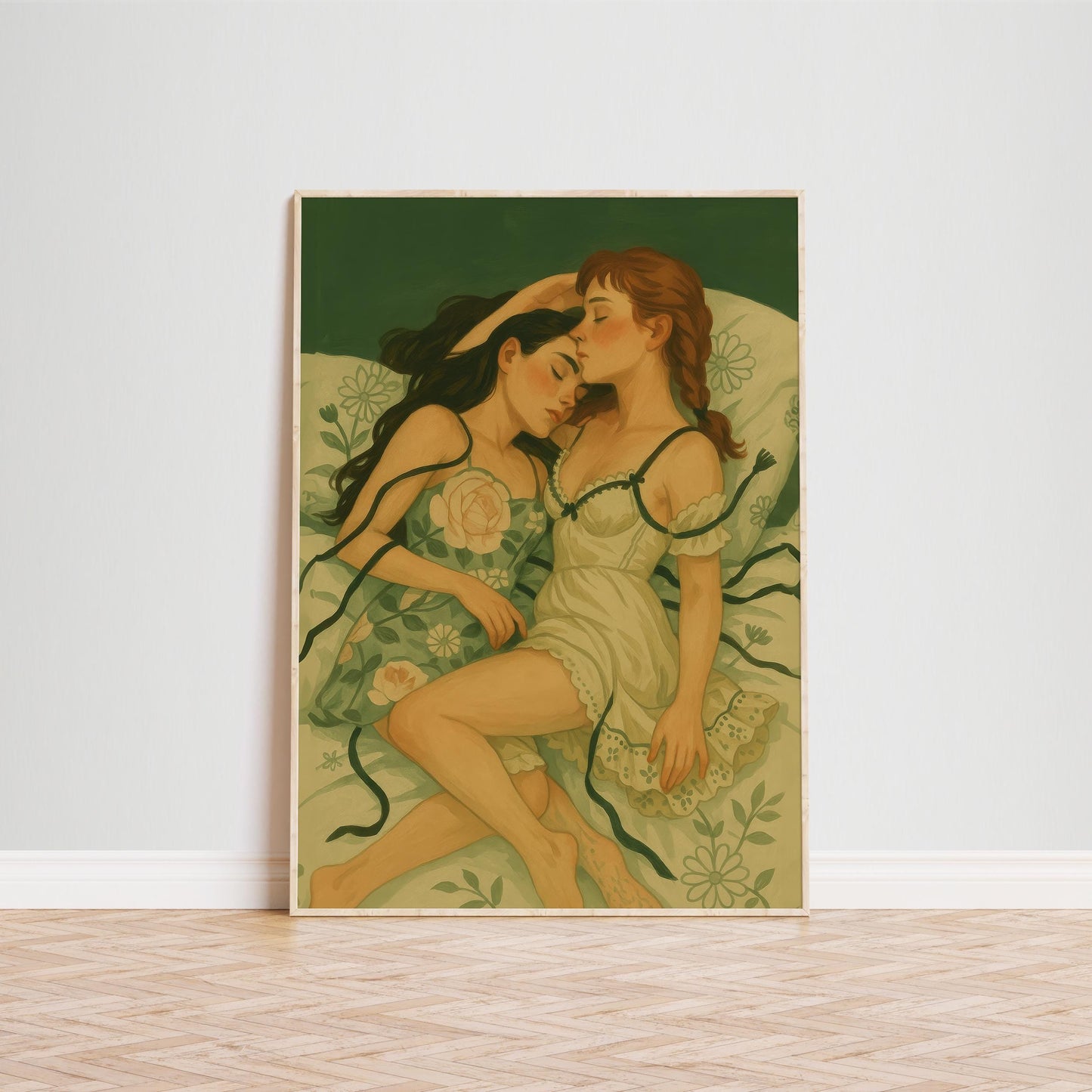 Romantic Lesbian Wall Art – Sapphic Love Print With Floral Bedsheet Poster