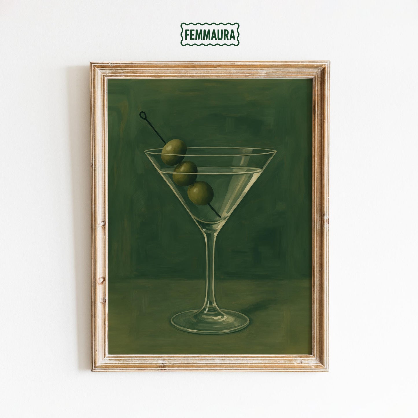 Martini Glass Poster – Minimalist Olive Green Cocktail Wall Art for Elegant Bar Decor