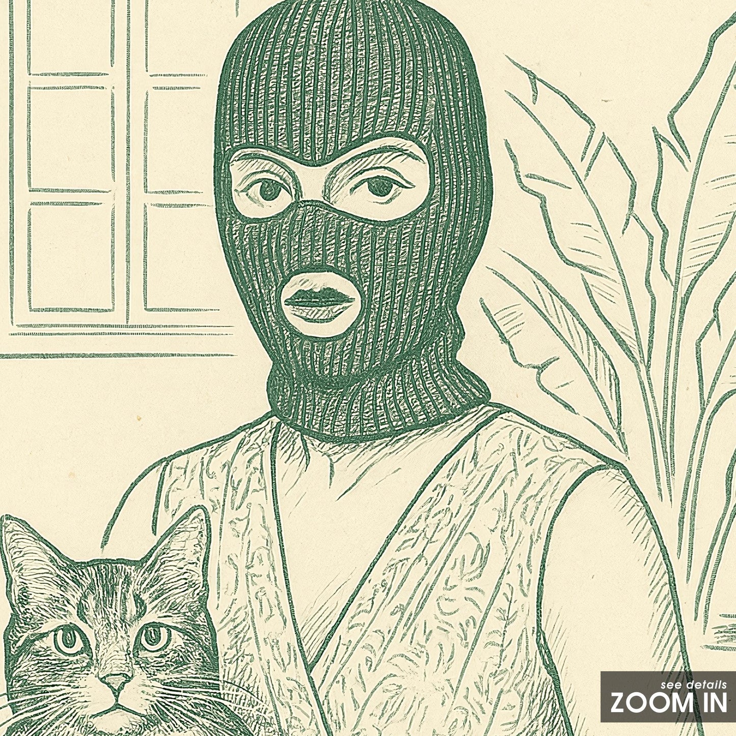 Masked Woman with Cat Poster – Surreal Line Art Print, Femmaura Bold Series