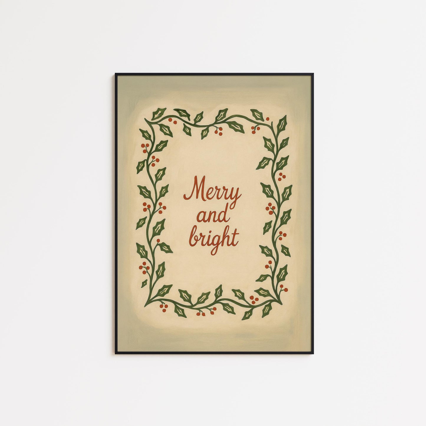 Vintage Christmas Wall Art – Merry Bright Poster With Hand Painted Wreath Print