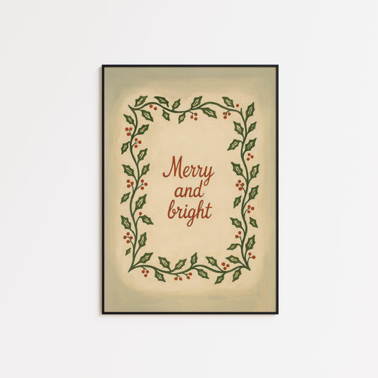 Vintage Christmas Wall Art – Merry Bright Poster With Hand Painted Wreath Print