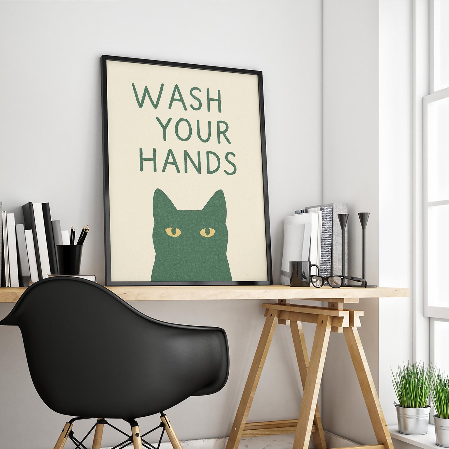 Wash Your Hands Cat Poster – Funny Bathroom Wall Art in Minimal Green