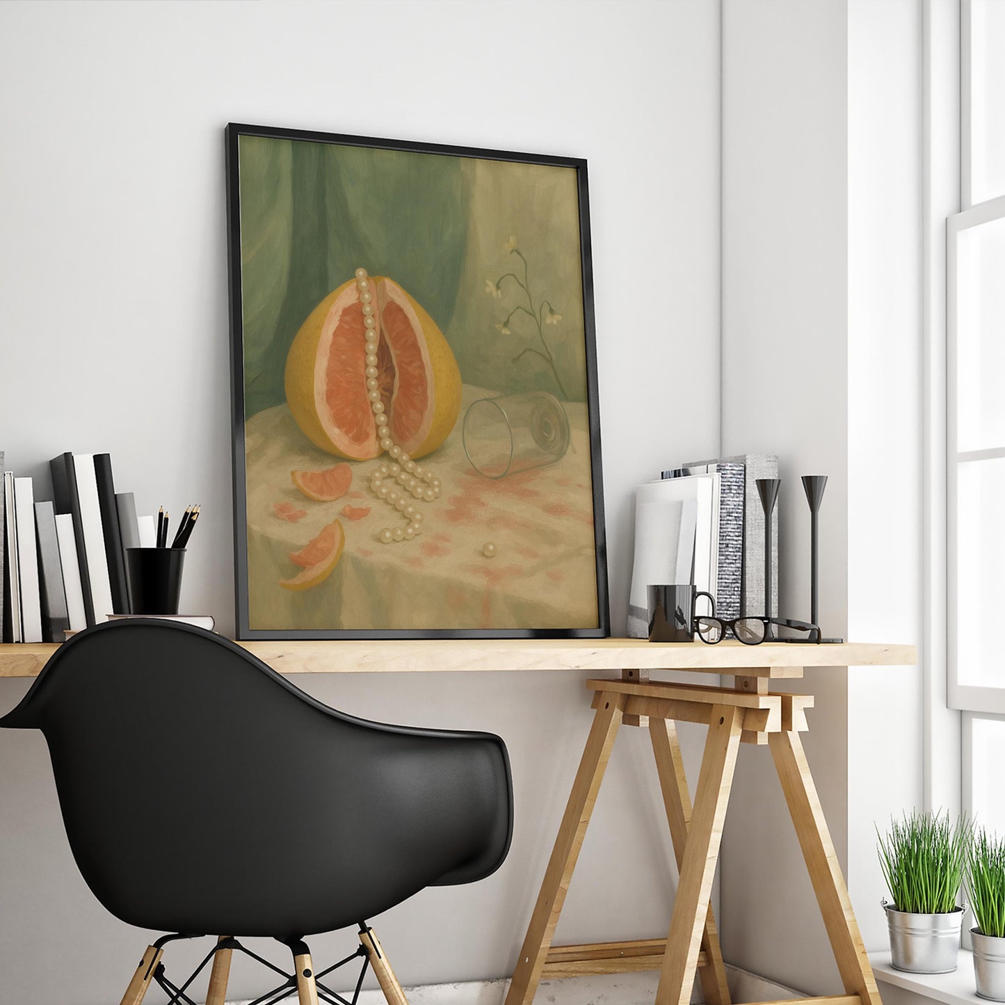 Vintage Botanical Wall Art – Grapefruit Still Life Print with Pearls for Dining Room