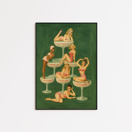 Champagne Tower Poster – Vintage Pinup Art | Playful Feminine Group Print