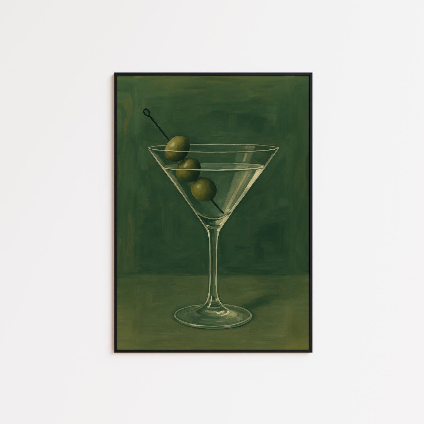 Martini Glass Poster – Minimalist Olive Green Cocktail Wall Art for Elegant Bar Decor