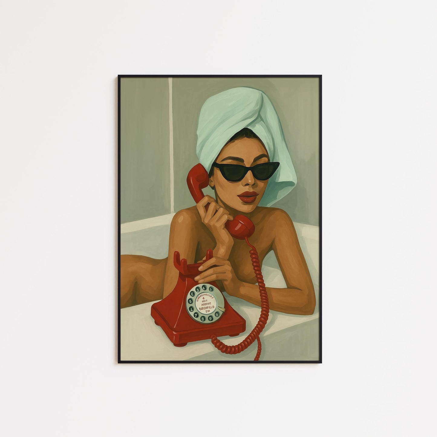 Retro Phone Art Print – Glamorous Woman with Red Rotary Phone Wall Decor