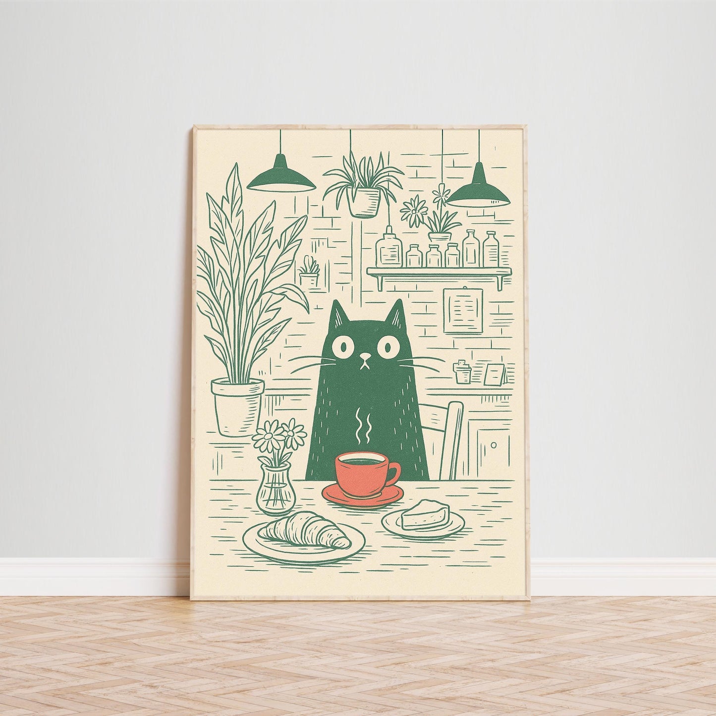 Cat Café Poster – Minimal Green Line Art of Cat with Coffee