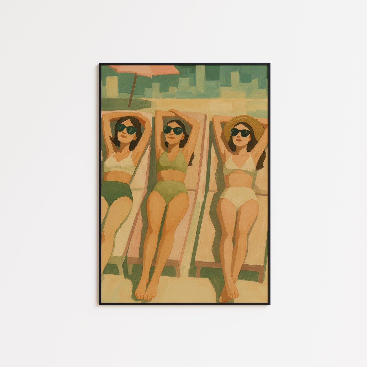 Retro Summer Art Print – Sun Sisters Feminine Poolside Poster With Vintage Swimsuit