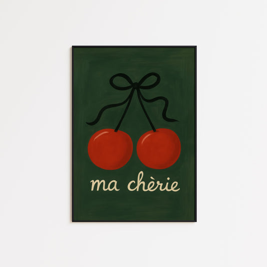 Cherry Wall Art – French Cherry Print Retro Fruit Poster With Elegant Script